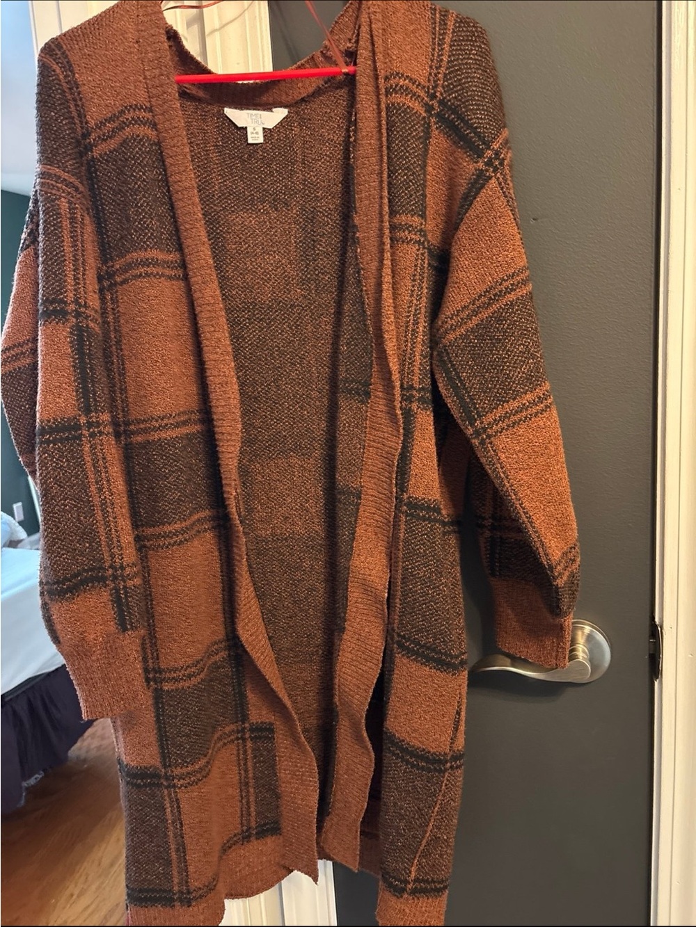 Time and Tru Brown Plaid Open-Front Long Cardigan